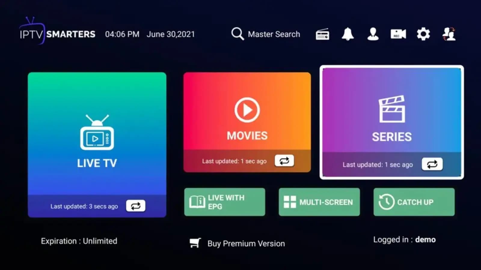 IPTV Smarters Pro rodando em Android, iPhone, Fire TV Stick e Windows com catálogo IPTV